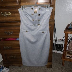 Grey w/ Gold Button Accents Strapless Dress
